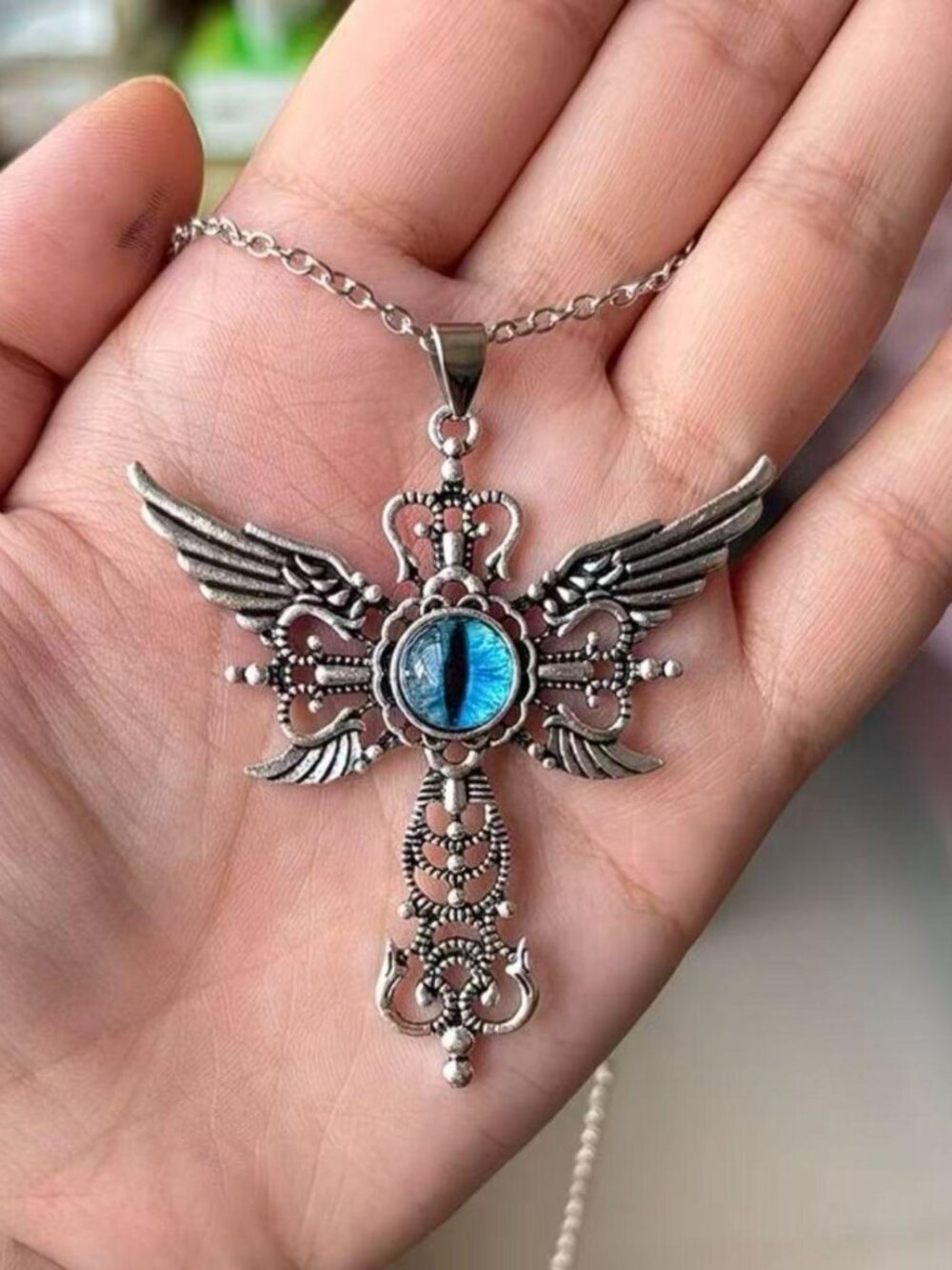Vintage Gothic Winged Cross Necklace | Blue Evil Eye Pendant